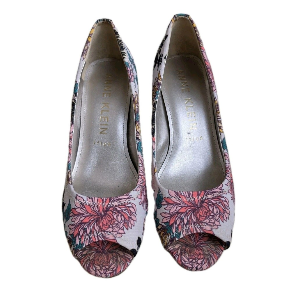 Anne Klein Heels Womens 9.5M Meredith Floral Fabric Slip On Peep Toe Shoes - Picture 2 of 10
